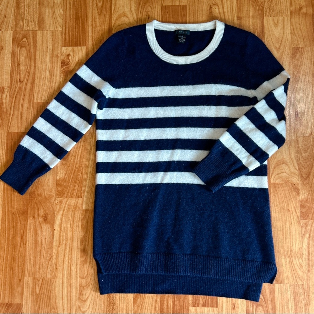 Only Mine Navy Blue Striped 100% Cashmere Sweater Crewneck Medium Luxury Soft